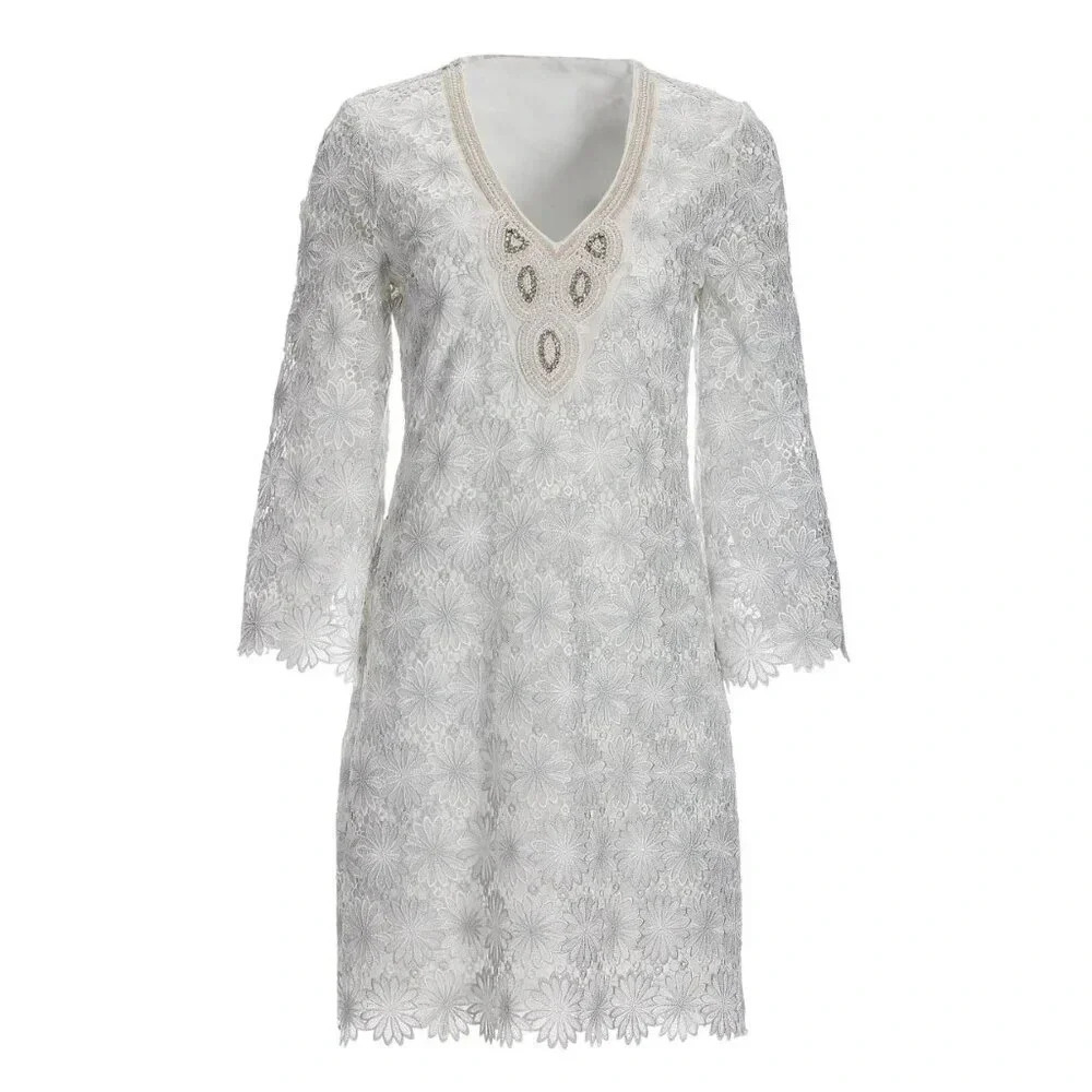 Boston Proper Embellished Metallic Floral Lace Tunic Dress White/Silver Size XS - Picture 3 of 16